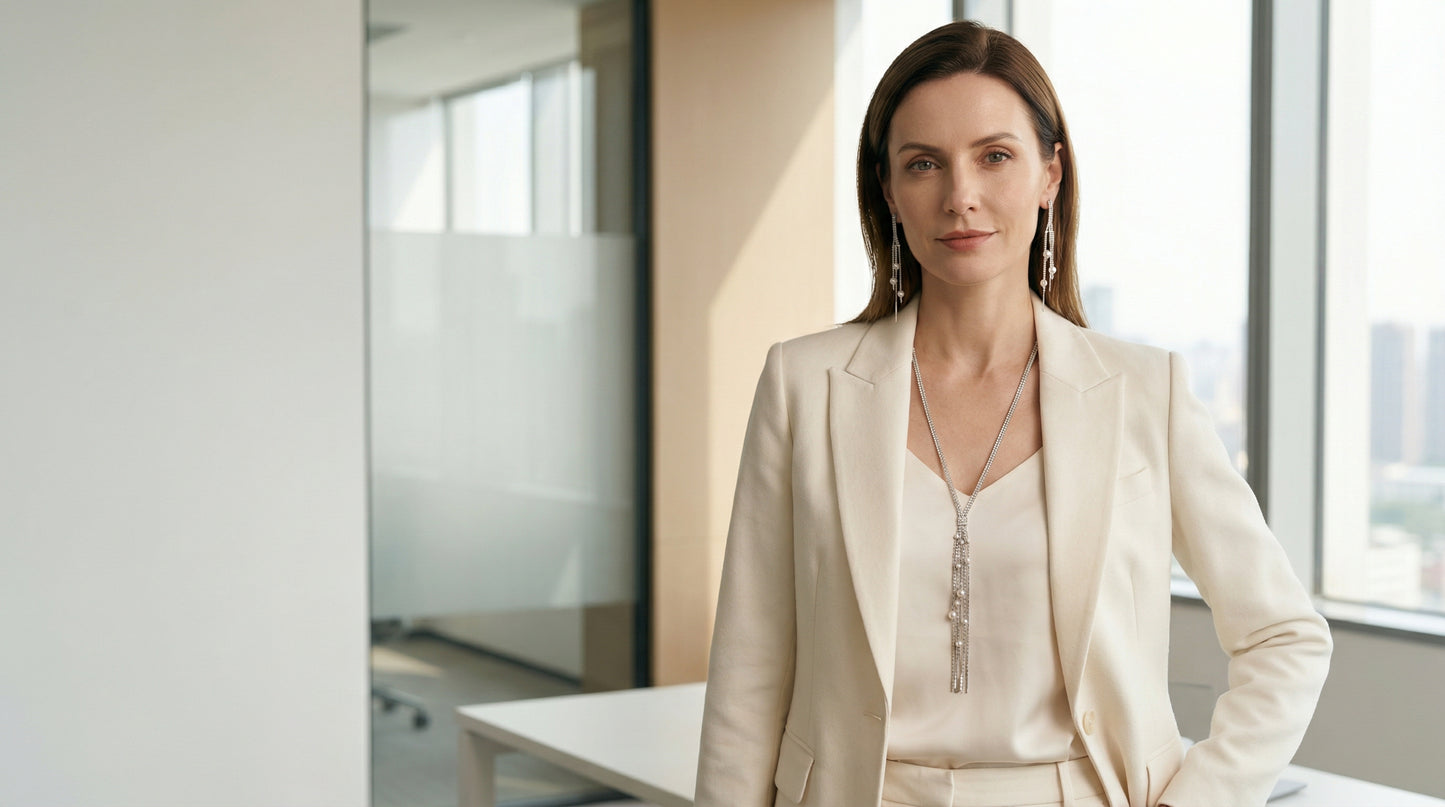 Confident professional woman in a cream suit wearing a long statement necklace and drop earrings, showcasing daily luxury office jewelry.