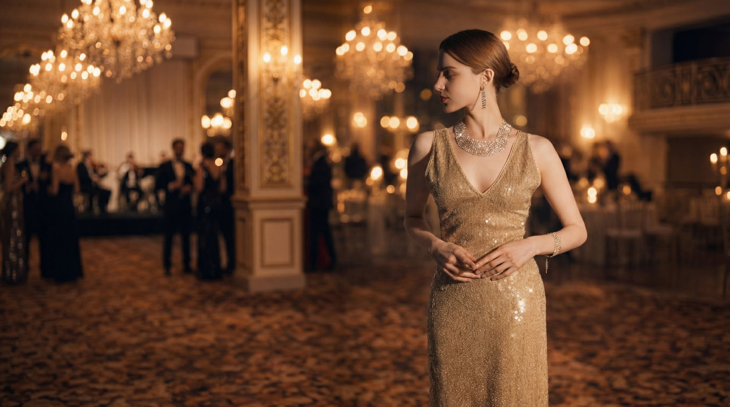 Woman in a gold evening gown wearing a statement necklace at a black-tie gala, showcasing elegant special occasion jewelry.