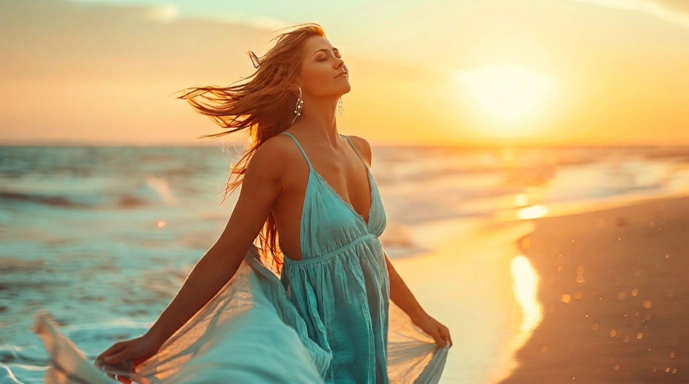 Woman in flowing turquoise dress wearing elegant drop earrings at a beach sunset, showcasing luxury resort statement jewelry.
